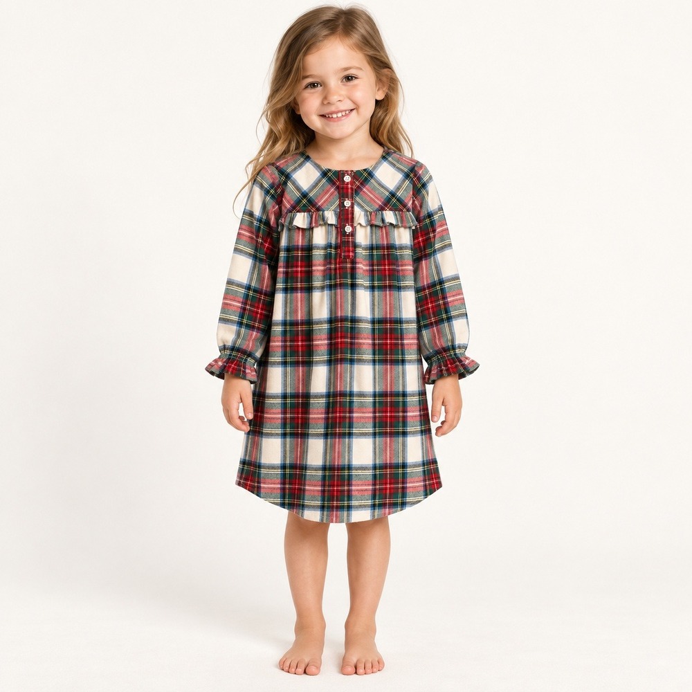 Crewcuts J.Crew Girls Plaid Ruffle Nightgown Red Green XS 4-5 Sleepwear Holiday